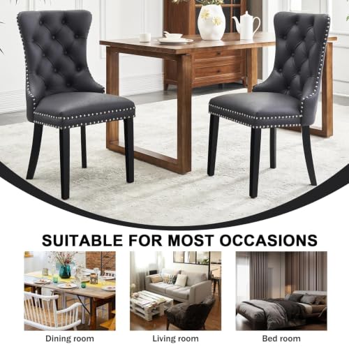 Image of Leather Dining Chairs, Upholstered Dining Room Chairs, Black, Set of 2