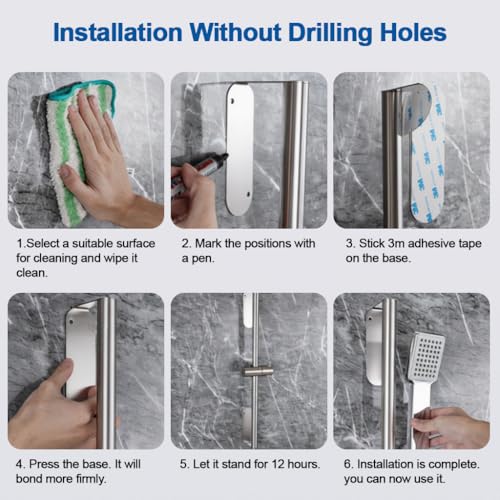 Image of HASTHIP Shower Slide Rail, 59cm Stainless Steel Shower Head Bracket, Sliding Shower Head Holder for 18-25mm Handle, No Drill Wall Mounted Shower Holder, Angle & Height Adjustable
