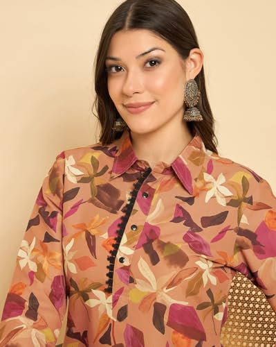 Image of SheWill Women Cotton Blend Floral Printed Straight Kurta with Mandarin Collar, Button Detailing, and 3 /4th Sleeves Paired with Matching Printed Pants