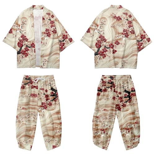 Image of DOSLAVIDA Men's Japanese Kimono Jacket Set Stylish Open Front Coat With Shorts Chinese Style Printed Cardigan Suit
