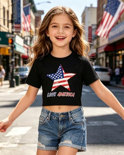 Image of Tkria Girl Crop Tops July 4th Crewneck Tshirt American Flag Patriotic USA Flag Girls Outfit Clothes Size 6-14