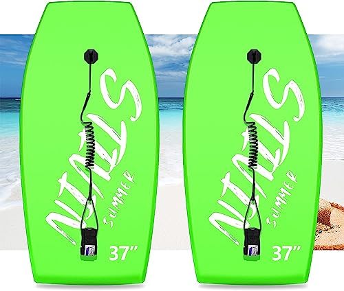 Woddtery Lightweight Bodyboard, 33/37/42" Body Boards for Beach with Wrist Leash Comfort EPS Core, XPE Deck, HDPE Slick Bottom Kids Adult Surfing Board (1 pack-33inch, Fluorescent Green)