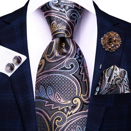 Image of Hi-Tie Men's Tie Lapel Pin Set Pocket Square Cufflinks Formal Woven Silk Tie Sets Wedding Party