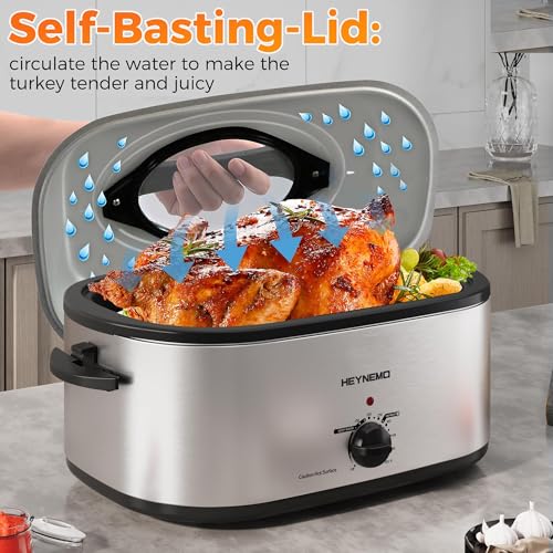 Image of 28Qt Electric Roaster Oven, with Self-Basting Lid, Removable Pan, Cool-Touch Handles, 1450W Stainless Steel Turkey Roaster Oven, Silver