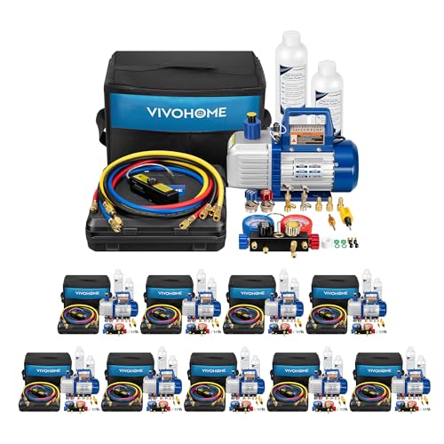 Kit de bomba de vacío HVAC VIVOHOME de 110 V, 1/2 HP, 5 CFM, doble etapa, con manómetro de 4 vías y detector de fugas, incluye mangueras de 5 pies, para rellenado de refrigerantes R134a, R12, R22, R502 y R410a (paquete de 10 unidades) miniatura 1