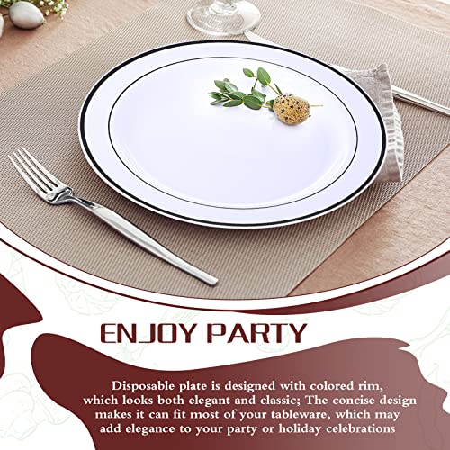 100 Pcs Disposable Plates Plastic Party Plates With Black Rim 10.25 Inch For Wedding Heavy Duty White Plates Salad Dinner Appetizer Dessert Plates For Holiday Parties #TOP5
