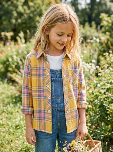 Image of SELINK Girls Long Sleeve Flannel Buffalo Plaid Button Down Shirt | Soft Flannel Fabric,Classic Buffalo Plaid Button Down Collared Blouse For Girls Casual Daily Outfits