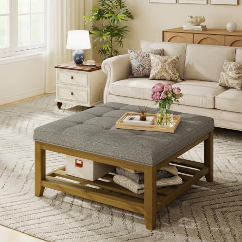 Befurtori Large Square Ottoman Coffee Table, Linen Solid Upholstered Footrest Ottoman with Solid Wood Shelf Storage Tufted Coffee Table for Bedroom Living Room, Granite