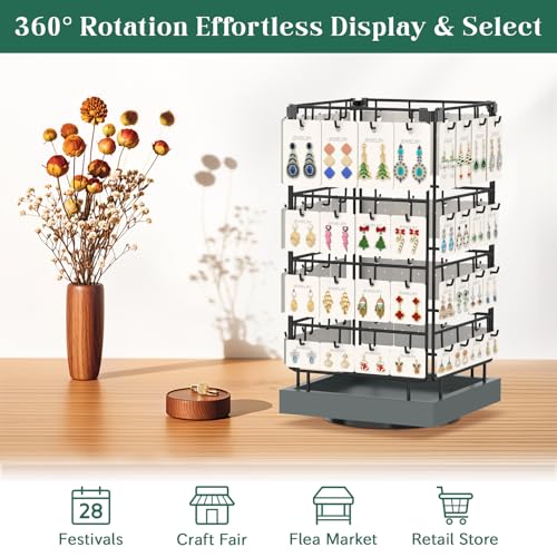 Image of EsLuker.ly Rotating Earring Display Holder Stand for Vendors Events Selling, Large Capacity 64 Hooks Jewelry Rack with Wooden Base for Earring Card Sales, Enhances Retail Visibility(Dark Grey)