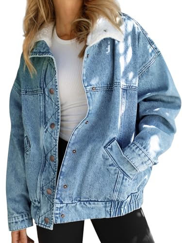 Tankaneo Womens Oversized Denim Jackets Sherpa Collar Button Down Jean Jacket Fall Warm Shacket Coats