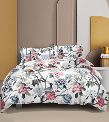 Image of Bedding Set Combo of Double Bed Duvet Cover Set with Fitted Bedsheet & 2 Pillow Covers | 300 TC Cotton Fabric | Zipper Closure |All Round Elastic|Warm Stuff|SED 025|White Petals | Breathable material