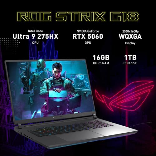 Image of ASUS ROG Strix G18 18 inch 2.5K 240Hz Gaming Laptop, Intel Ultra 9 275HX, GeForce RTX 5060 8GB GDDR7, 16GB DDR5, 2TB Storage (1TB SSD+1TB Docking Station Set), 4-Zone RGB Backlit Keyboard, Win 11, Gray