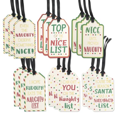 Current Naughty List to/from Gift Tags - Set of 18, 6 Designs, Ties Included, 2 1/4 x 4”
