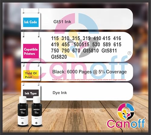 Image of CANOFF GT51 Black Refill Ink Compatible for HP Ink Tank 115,310,315,319,410,415,416,419,455,500,515,530,589,615,750,790,670,GT5810,GT5811,GT5820 (HGT51BK 2pc. x 90ml)