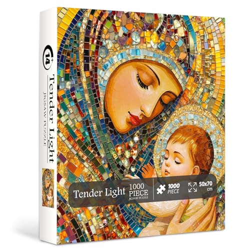 Christian Jesus Puzzle for Adults 1000 Pieces, Religious Mother Mary Jigsaw Puzzle, Colorful Mosaic Nativity Scene Puzzle as Home Decor