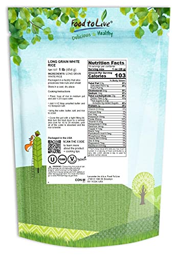 Long Grain White Rice, 1 Pound — Raw, Vegan, Kosher, Bulk. Easy To Cook. Stays Separate And Fluffy. Rich In Iron And Low In Fat. Great As Side Dish. Perfect For Stuffing, Pilafs, And Salads #TOP1