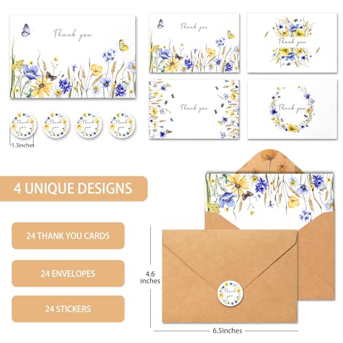 24 Pack Floral Thank You Cards With Envelopes Wildflower Greeting Cards Set with Kraft Envelope Sticker Retro Floral Blank Note Cards for Birthday Wedding Baby Shower Bridal Shower Small Business
