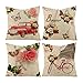 Lieson Juego de 4 fundas de cojín para niños, 50 x 50 cm, diseño de flores, torre Eiffel con mariposa, funda de almohada decorativa para bicicleta, color caqui rojo, algodón y lino