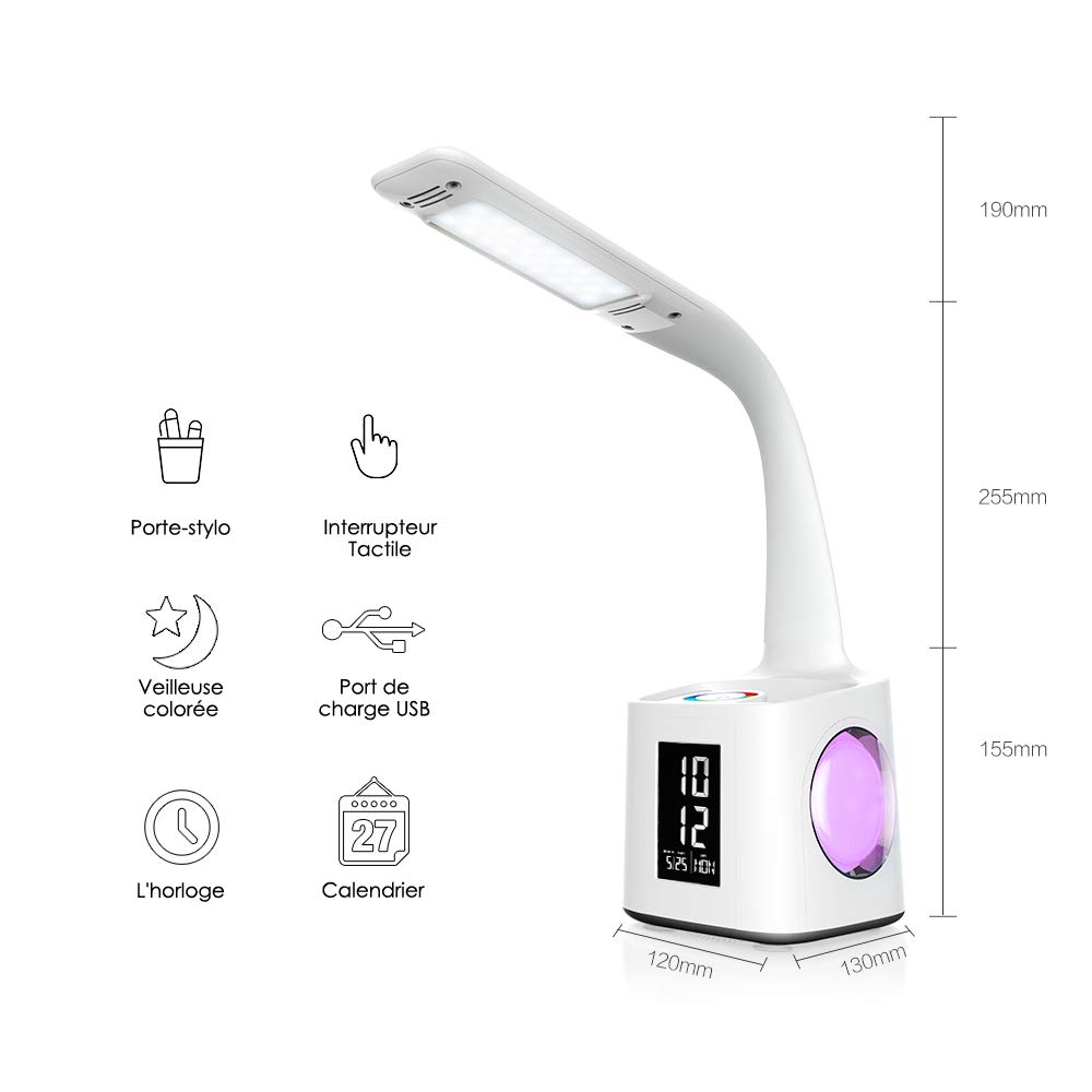 Lampada da tavolo LED per eyeliner, lampada da tavolo da studio, porta di ricarica USB, luce d'atmosfera notturna, con porta penna/display ora/calendario, lampada da lettura per bambini, 10 W