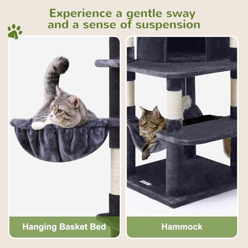 Image of Globlazer Corner Cat Tree for Large Cats, 66inch Tall Curved Series Large Cat Tower for Multiple Indoor Cats with 6 Scratching Posts, 2 Spacious Cat Condos, Hammock, Hanging Basket, C66, Dark Grey