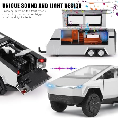 Image of 1 /32 Tesla Cybertruck Toy Pickup Trailer RV Model Kit with Beach Motorcycle for Kids (Silver)