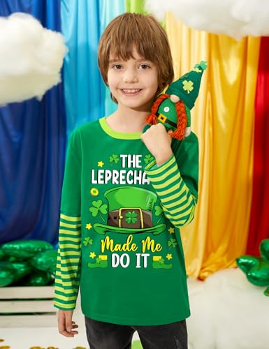 Image of Unisex Kid's St Patrick's Day Shamrock Top Striped Patchwork Irish Clover Long Sleeve Shirt 4-14 Years