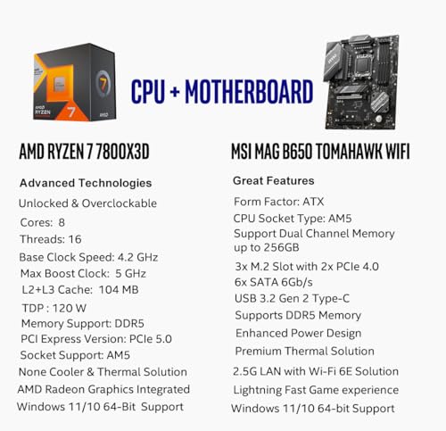 Image of INLAND Micro Center AMD Ryzen 7 7800X3D 8-Core16-Thread Desktop Processor with MSI MAG B650 Tomahawk WiFi AM5 DDR5 Gaming Motherboard