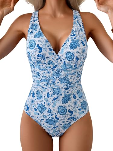 Eomenie One Piece Swimsuit for Women Tummy Control Slimming Bathing Suit Wide Straps V Neck Swim Suit Cross Back Swimwear