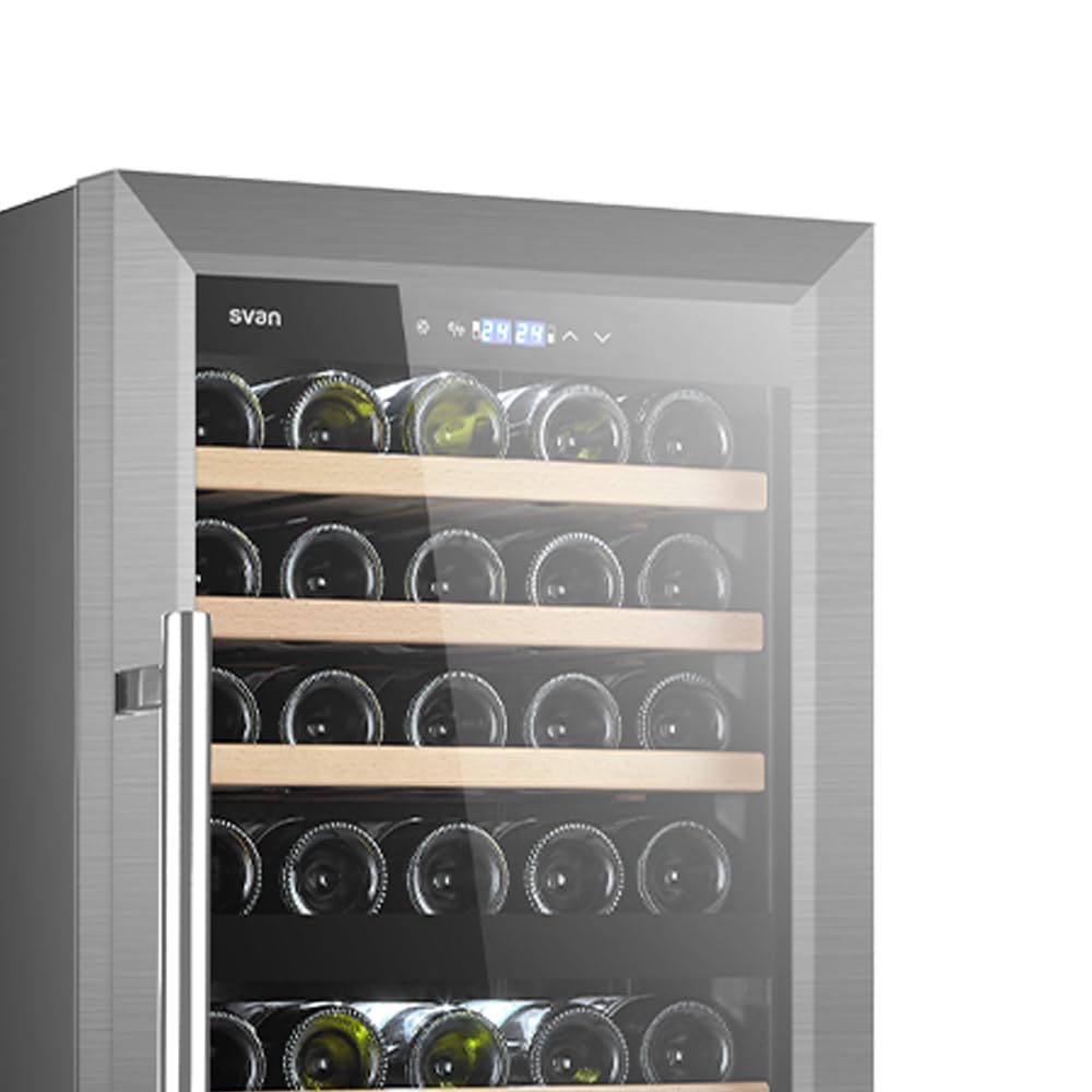 SVAN Vinoteca 45 Botellas Negro SVN4500D. 85W, 2 Zonas Independientes, Display LED táctil, Pantalla Digital Exterior, 7 Baldas de Madera, 1 Rejillas Metálicas, Clase de Eficiencia Enérgetica G