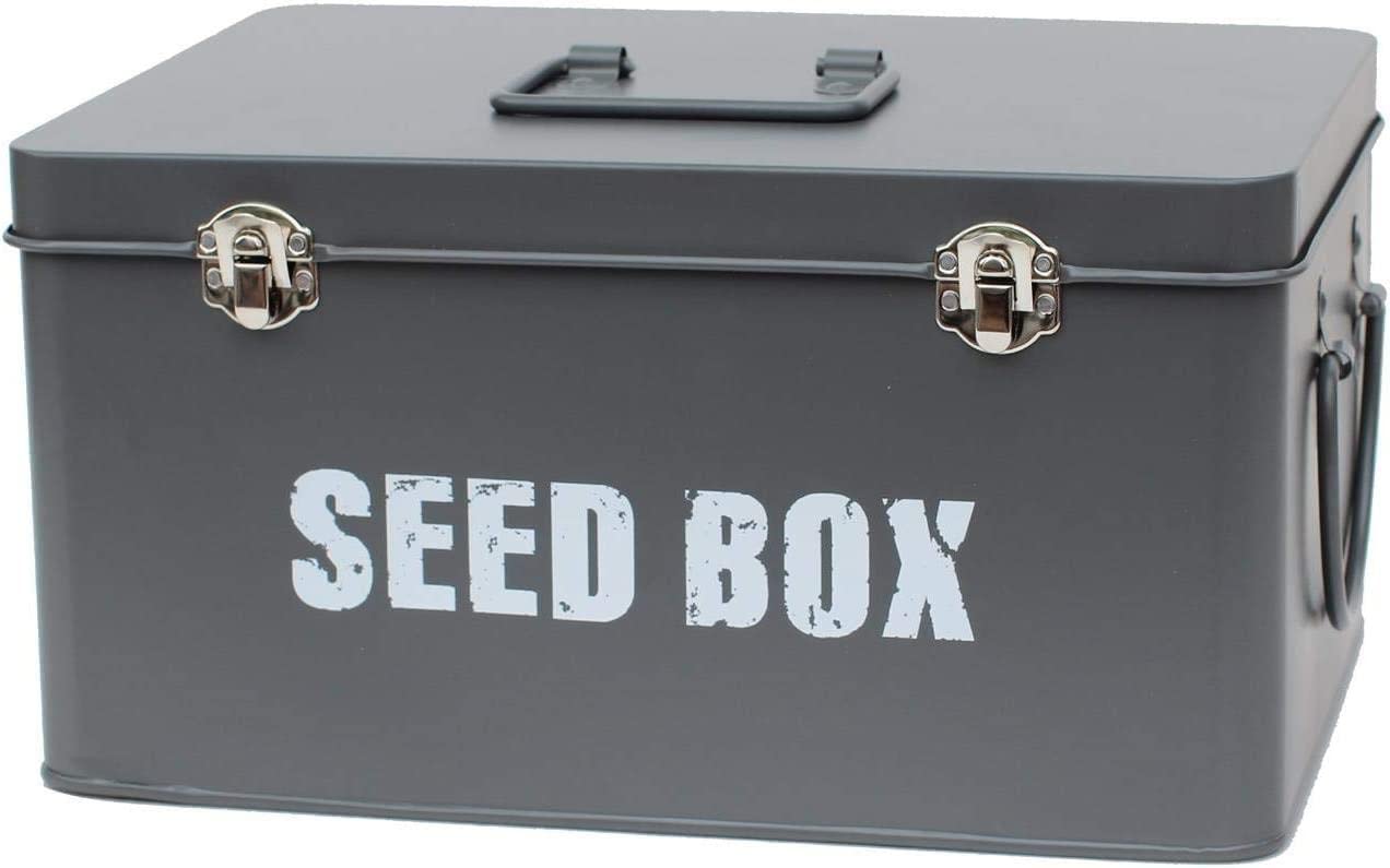 simpa Vintage Style Metal Seed Storage Box Organiser Utility Tin in GREY with 20PK Starter Vegetable & Flower Seed Packets.