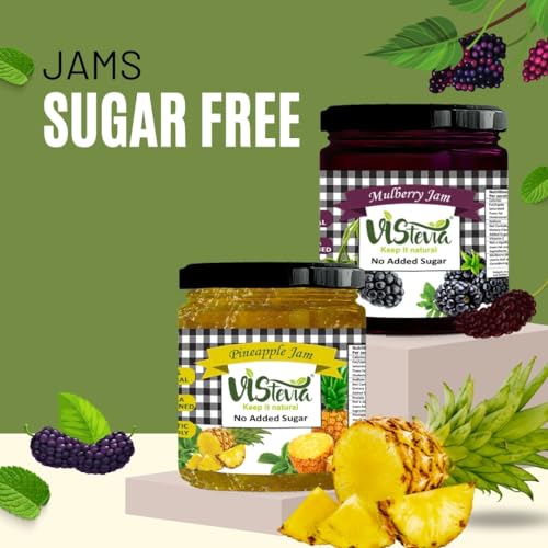 Image of Vistevia Sugar Free Mulberry and Pineapple Jam, Diabetic and Keto Friendly - Sweetened Naturally with Stevia, More Than 60% Fruit Content - Tastes Delicious - Pack of 2 (220 * 2 GM)