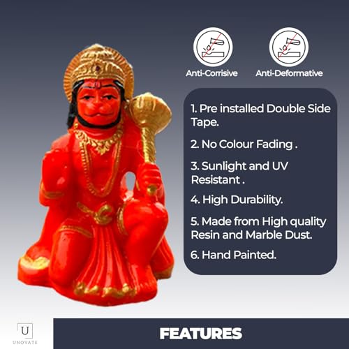 Image of UNOVATE Lord Hanuman Idol for Car Dashboard, Home, Office Desk - Hanuman Murti for for Pooja, Temple Showpiece, Decoration, Festivals and Gifting. (Orange, 8cm)
