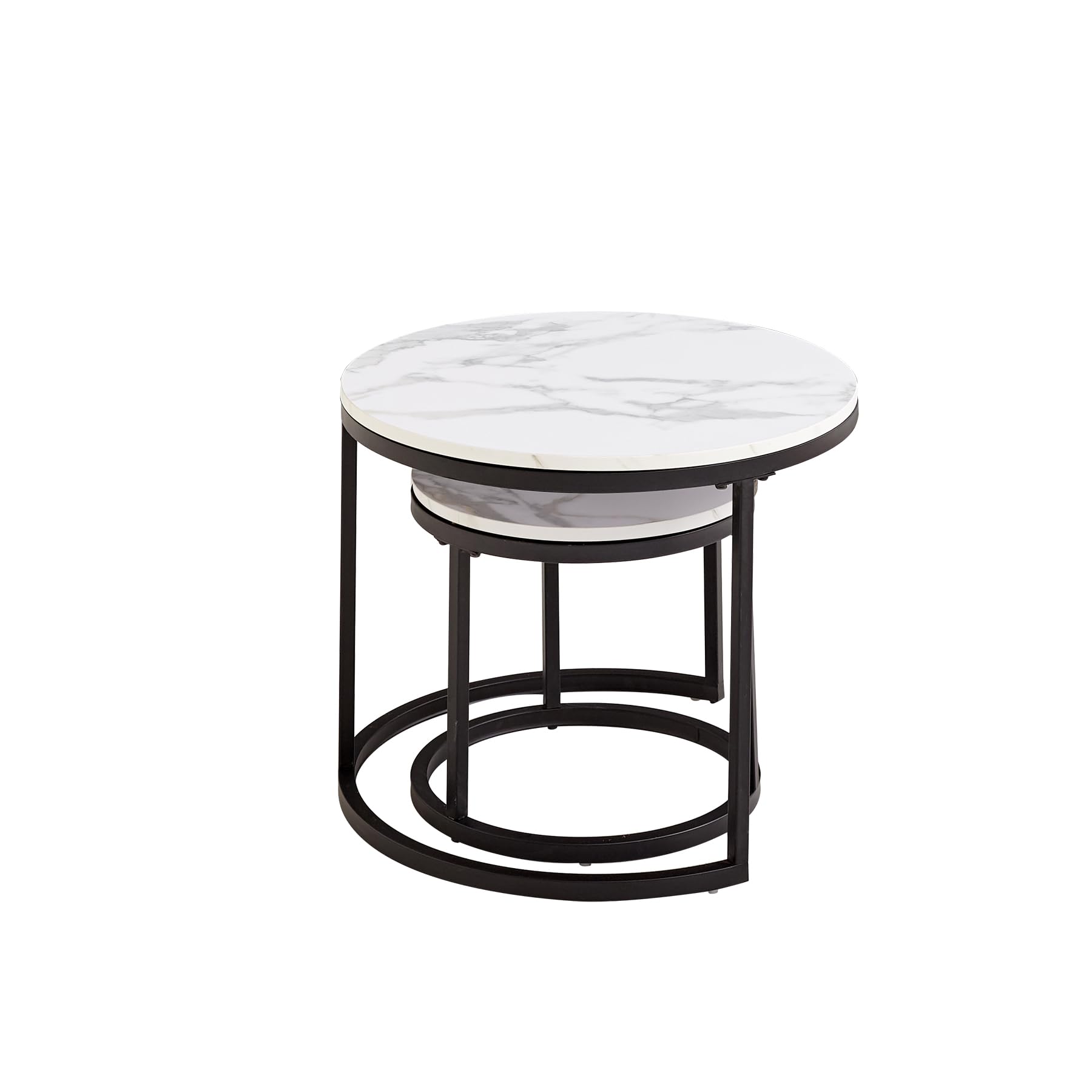 Juego de 2 Mesa Nido Salon, Mesa Nido Pequeña para Salón o Comedor Oficina, Aspecto de Imitacion Mármol Blanco, Grande: 60 * 60 * 45cm, pequeña: 40 * 40 * 35cm (Blanco/Negro)