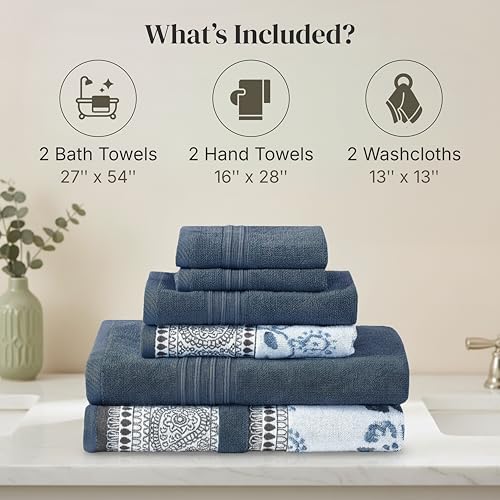 Image of Modern Threads 6 Piece Bath Towel Set - Bathroom Set with 2 Bath Towels, 2 Hand Towels, and 2 Wash Cloths - 100% Cotton, Super Absorbent & Extra Soft - Reversible Floral Trail (Navy)