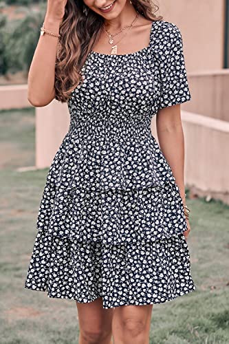 Image of PRETTYGARDEN Women's Summer Floral Ruffle Short Dress | Short Sleeve Square Neck, Flowy Tiered Hem, Fit and Flare, Flower Boho Dresses, Cute Beach Vacation Outfits, Fashion Clothing