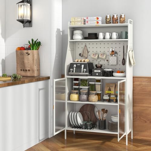 Image of Giantex Pantry Organizers and Storage, 63.5 inch H Kitchen Buffet Cabinet with Hutch, Pegboard, 8 Hooks & 1 Hanging Storage Box, Standing Bakers Rack with Flip-up PC Doors, Tool-Free Assembly (White)