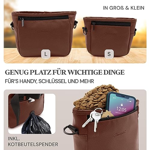 Heimatpfoten® Leckerlitasche für Hunde aus Kunstleder - Gassitasche mit Einhand Magnet-Verschluss - Hunde-Leckerli-Beutel (Größe S - Dunkelbraun)