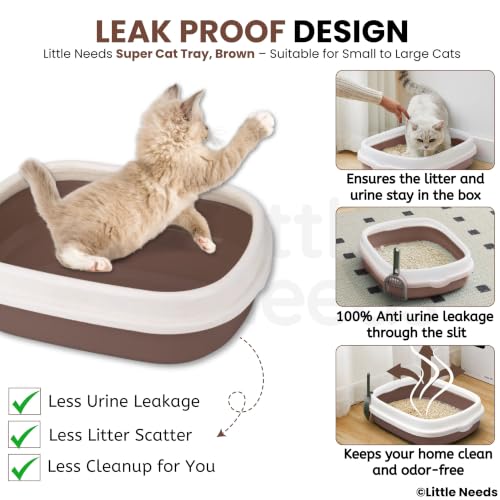 Image of Cat Litter Tray with Rim & Scooper (Brown, 46 x 38 x 13 cm) | Spacious Open Litter Box for Cats & Kittens | High Sides for Reduced Spills | Durable, Sturdy & Easy to Clean Toilet Tray