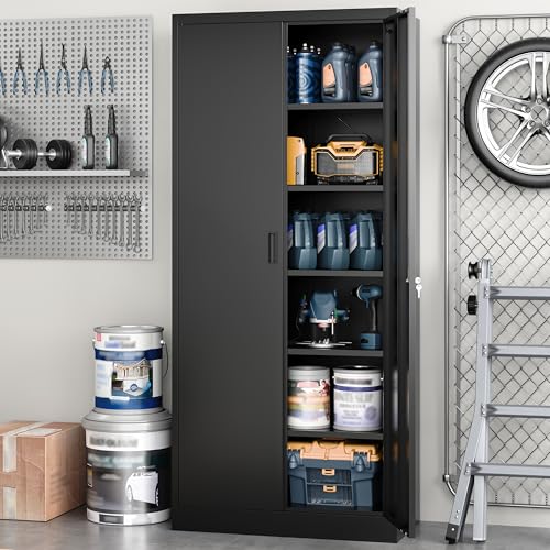 Image of Metal Garage Storage Cabinets,71 inch Tall Metal Storage Cabinet with Lock and 5 Adjustable Shelves, Locking Cabinets for Office, Home, Garage, Warehouse 71 inch H x 32 inch W x 16 inch D (Black)