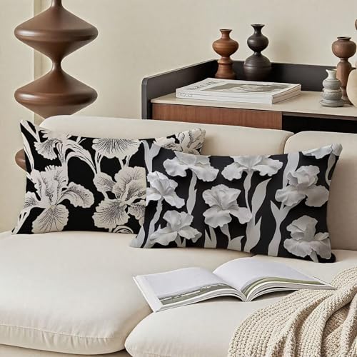 Housse coussin extérieur imperméable 60x90cm noir et blanc lot de 2 fleurs