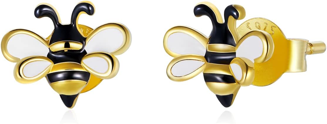 Bee Earrings Honey Necklace Cute Animal Bees Set 925 Sterling Silver Small 14K Gold Plated Enamel Queen Bees Bumblebee Set