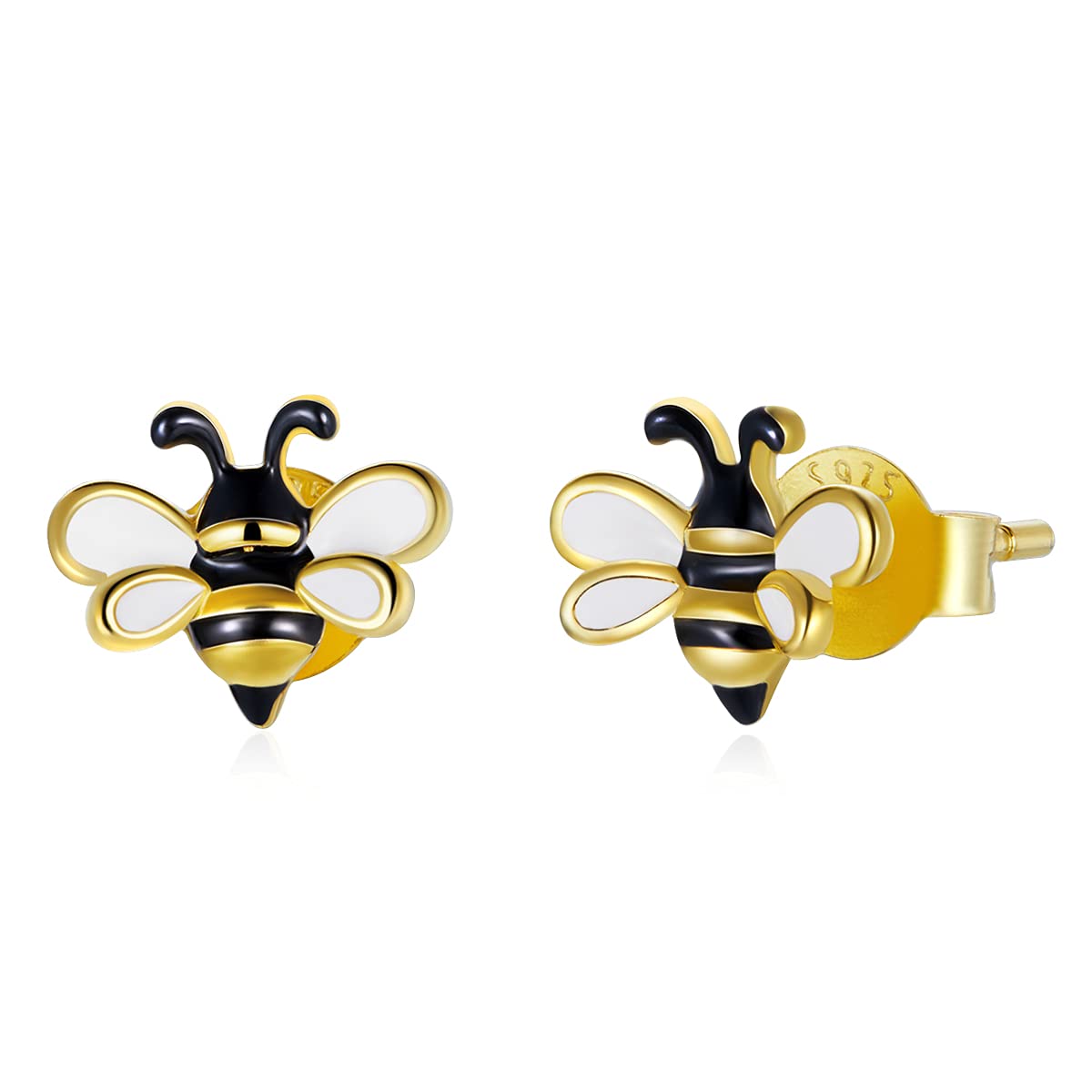 ShysnowBee Earrings Honey Necklace Cute Animal Bees Set 925 Sterling Silver Small 14K Gold Plated Enamel Queen Bees Bumblebee Set