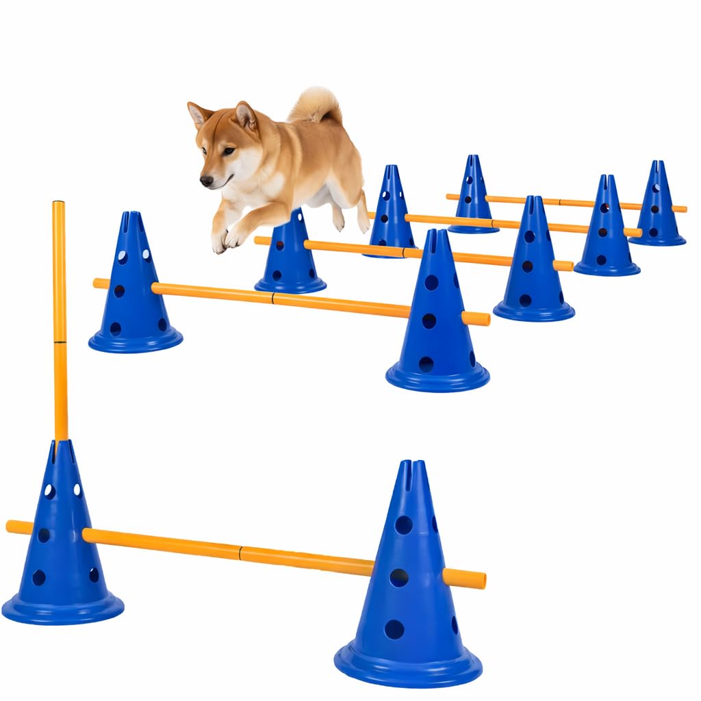 Cavaletti Stangen Hund Agility Set Hunde Klein Groß 30 cm Hoch, Sports Steckhürdenset mit 8 Kegel 16 Stangen, für Pylonen Hundetraining & Fussball Trainingszubehör