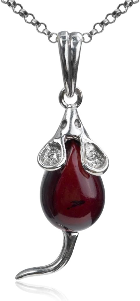 Ian and Valeri Co. Cherry Amber Sterling Silver Mouse Pendant Necklace Chain 18 Inches