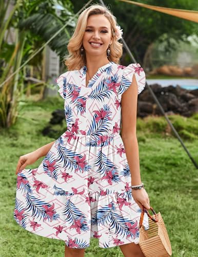 Image of HOTOUCH Women Printed Dress for Summer Short Ruffle Sleeve Dress Tiered Mini Dress with Pockets