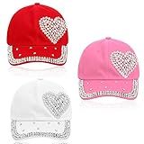 Toulite 3 Pcs Baseball Cap for Women Bling Heart Baseball Cap Studded Rhinestone Pearl Baseball Cap Shiny Baseball Cap for Women Girl Gifts, Red Cream Pink