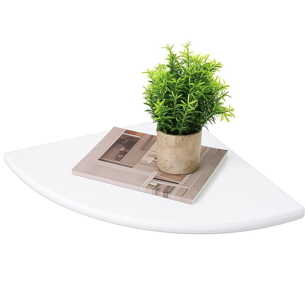 Fitto 12-Inch White Corner Floating Shelf, Wall-Mounted with Natural Oak Wood, Space-Saving Round End Design for Bedroom, Kitchen, and Living Room Storage