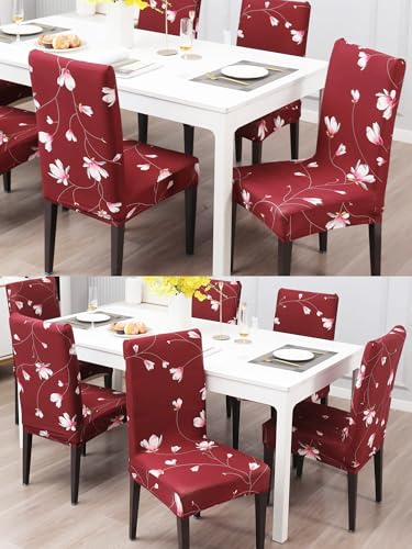 Image of Stretchable Dining Chair Cover - Washable, Removable, Anti-Slip, Protector, Universal Fit (Set of 4, Maroon Floral Vine)