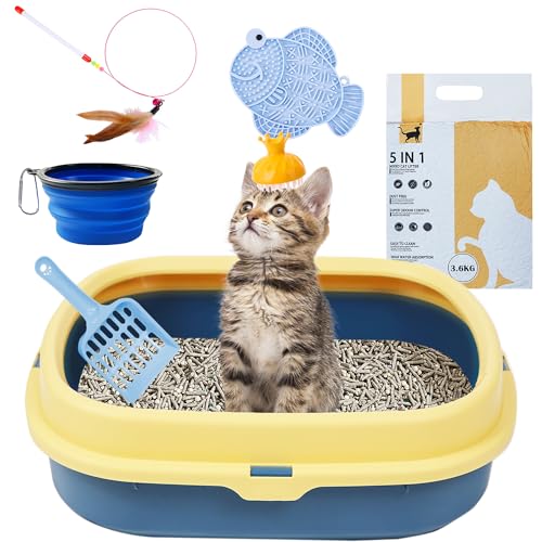 Suhaco Kitten Starter Kit for Indoor Kittens 7 Pcs Litter Box with Cat Litter & Litter Scoop Teaser Wand Licking Mat Bath Brush 7 in 1 Cat Litter Box (Blue)