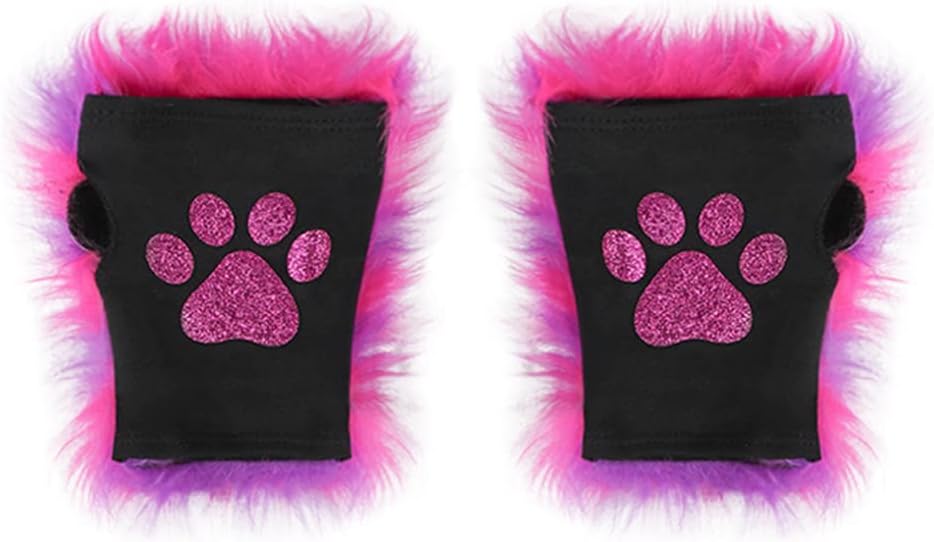 Faux Fur Cat Costume Set Wolf Ears Headband Paw Gloves and Tail Cosplay Set for Halloween Animal Costume Party - Image 6